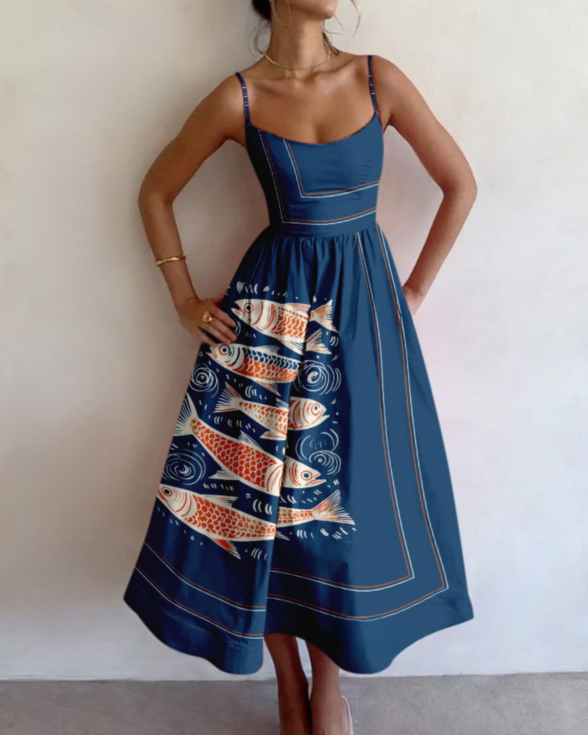 Abito midi elegante donna con stampa astratta di pesci – Flattere, artistico, estivo, perfetto per invitate a matrimoni