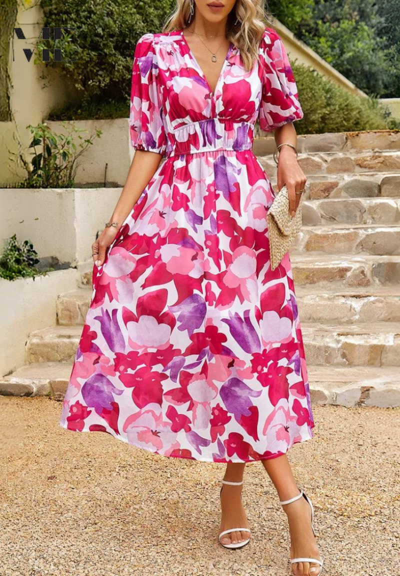 Vestito floreale da donna con scollo a V – abito midi estivo elegante a maniche corte