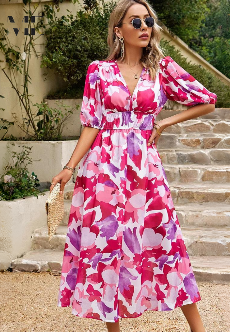 Vestito floreale da donna con scollo a V – abito midi estivo elegante a maniche corte