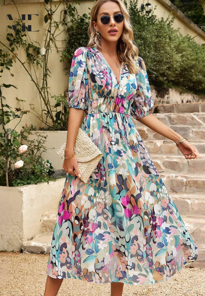 Vestito floreale da donna con scollo a V – abito midi estivo elegante a maniche corte