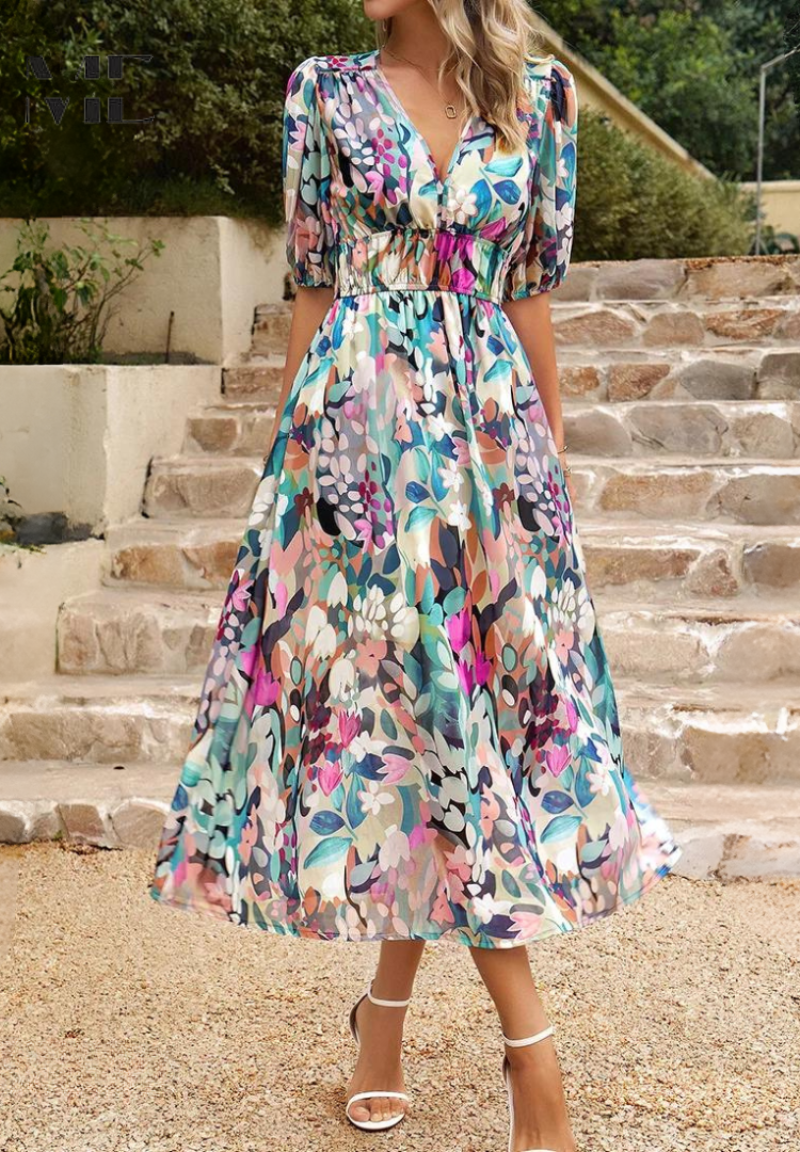 Vestito floreale da donna con scollo a V – abito midi estivo elegante a maniche corte