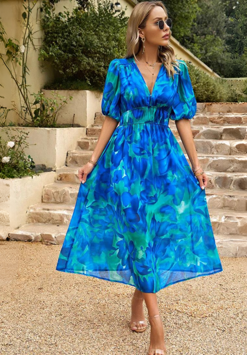 Vestito floreale da donna con scollo a V – abito midi estivo elegante a maniche corte