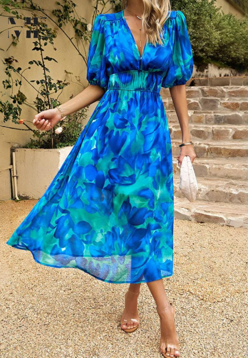 Vestito floreale da donna con scollo a V – abito midi estivo elegante a maniche corte