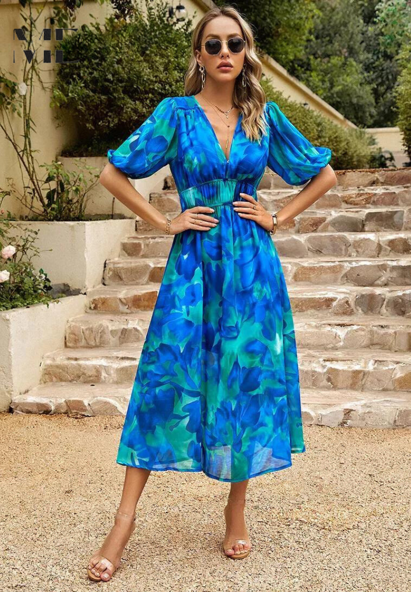 Vestito floreale da donna con scollo a V – abito midi estivo elegante a maniche corte