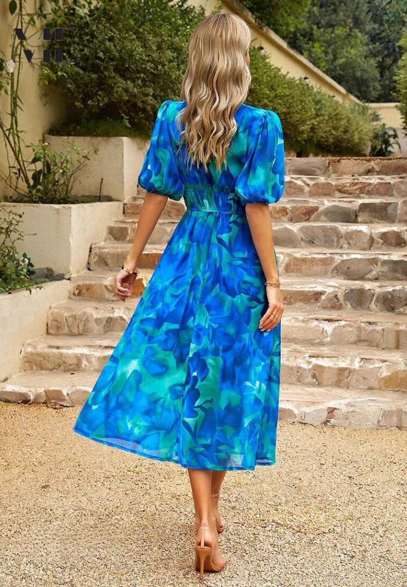 Vestito floreale da donna con scollo a V – abito midi estivo elegante a maniche corte