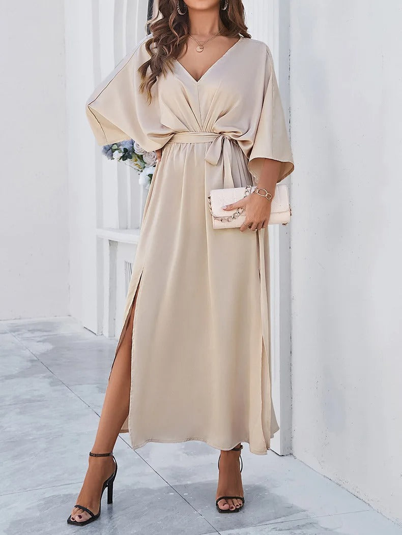 Maxi dress donna con maniche corte e spacco laterale – abito estivo fluido