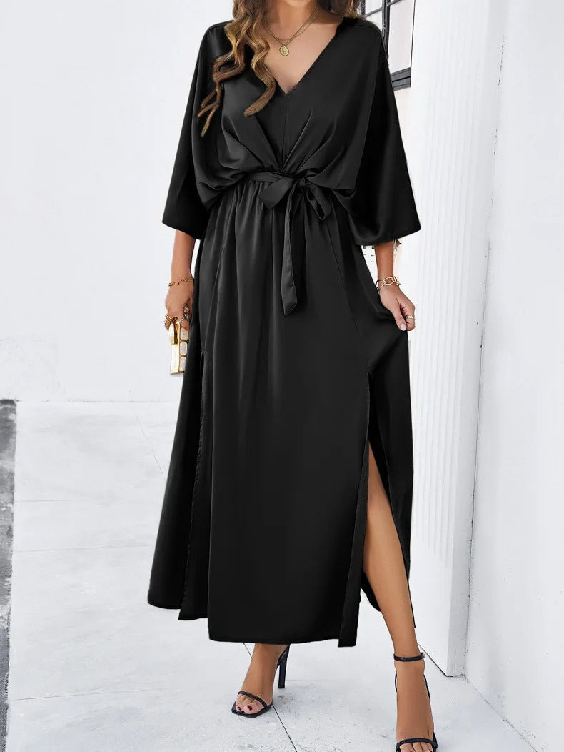 Maxi dress donna con maniche corte e spacco laterale – abito estivo fluido