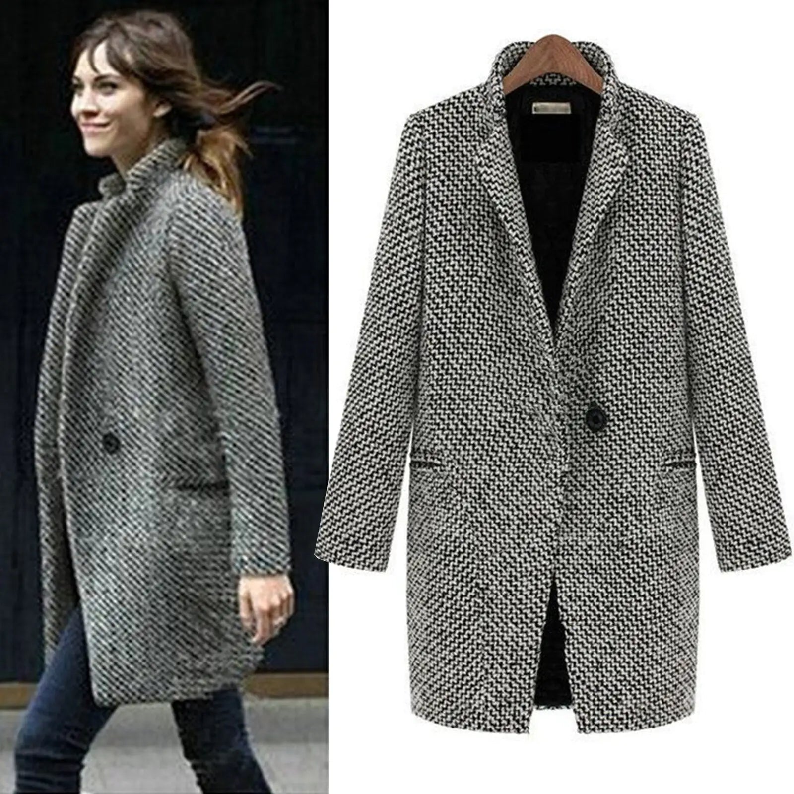 Cappotto lungo ed elegante in tweed di lana da donna - Cappotto comodo e lussuoso