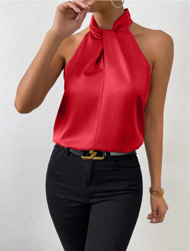 Blusa da donna in raso con scollo all'americana – Elegante top in seta con laccetti al collo