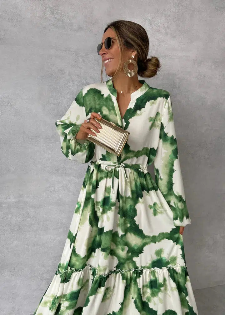 Abito lungo da donna - Manica lunga - Scollo a V - Elegante design fluido