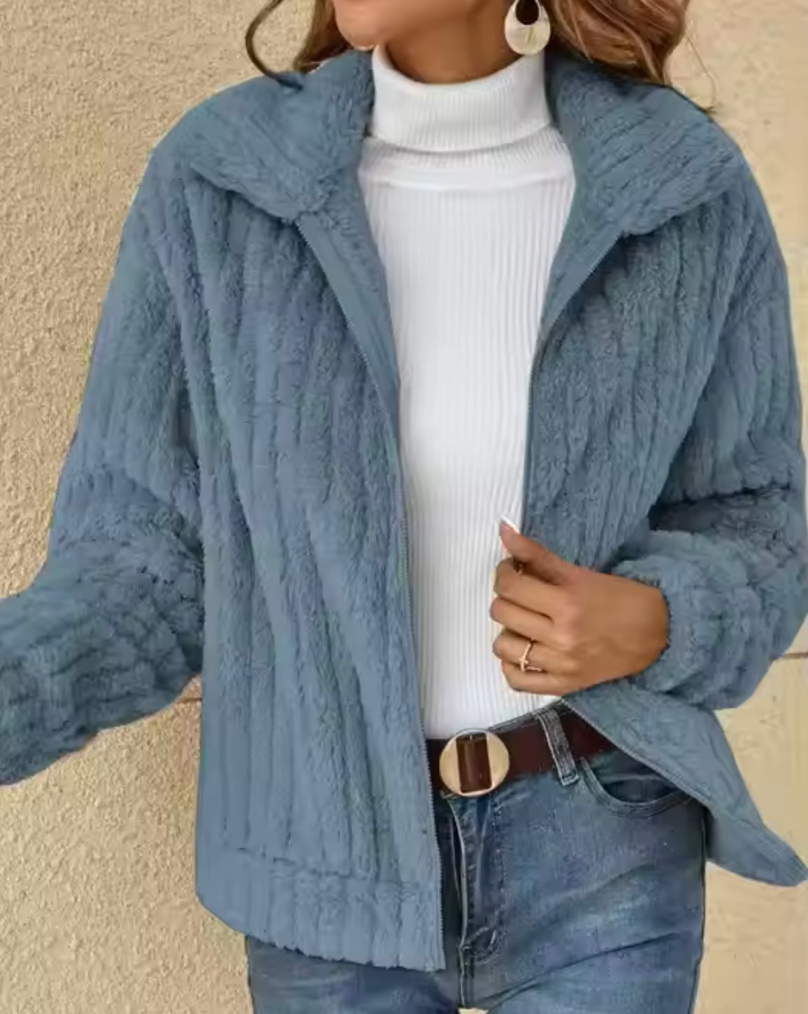 Cardigan invernale da donna con cerniera e maniche lunghe in pile a coste
