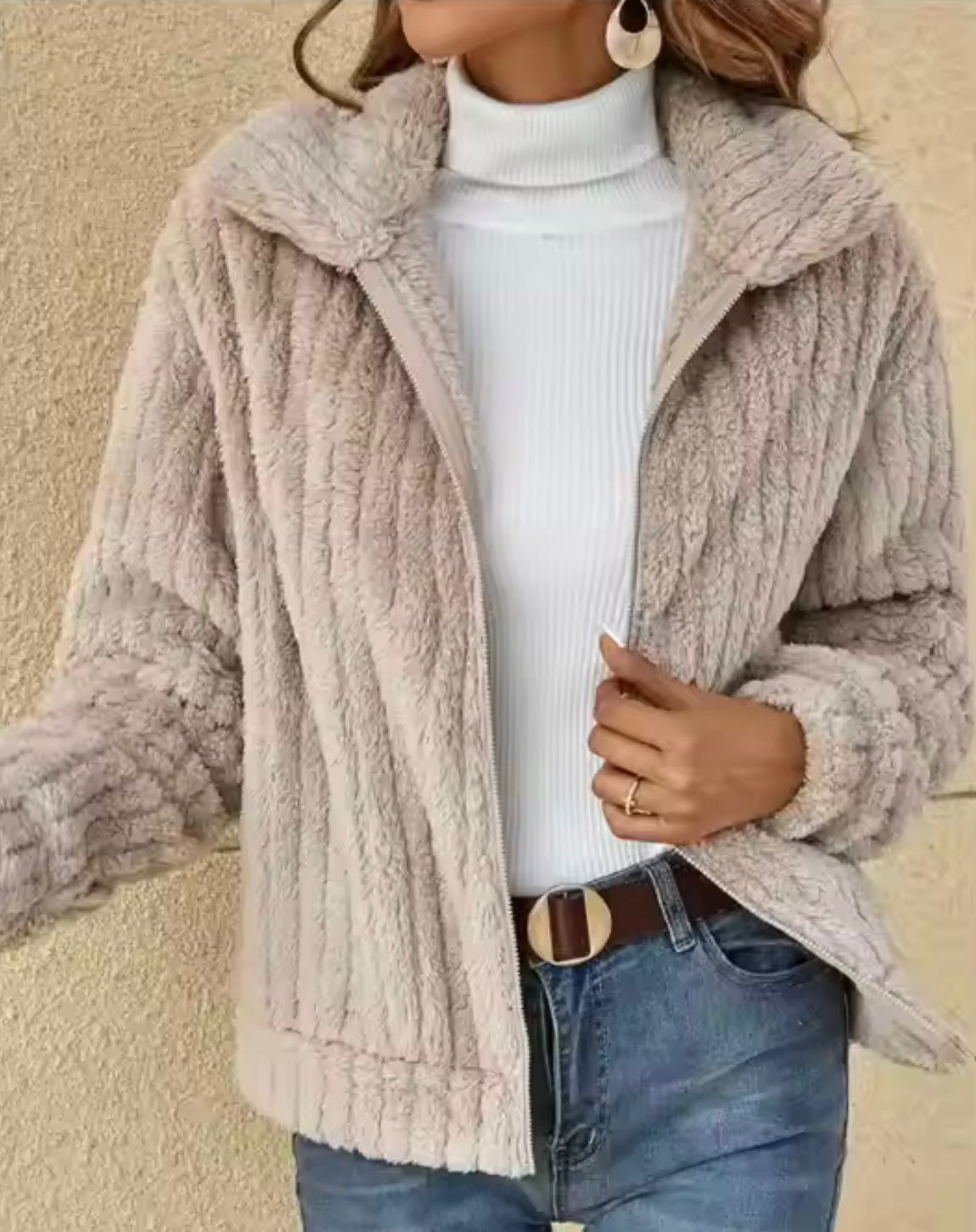 Cardigan invernale da donna con cerniera e maniche lunghe in pile a coste