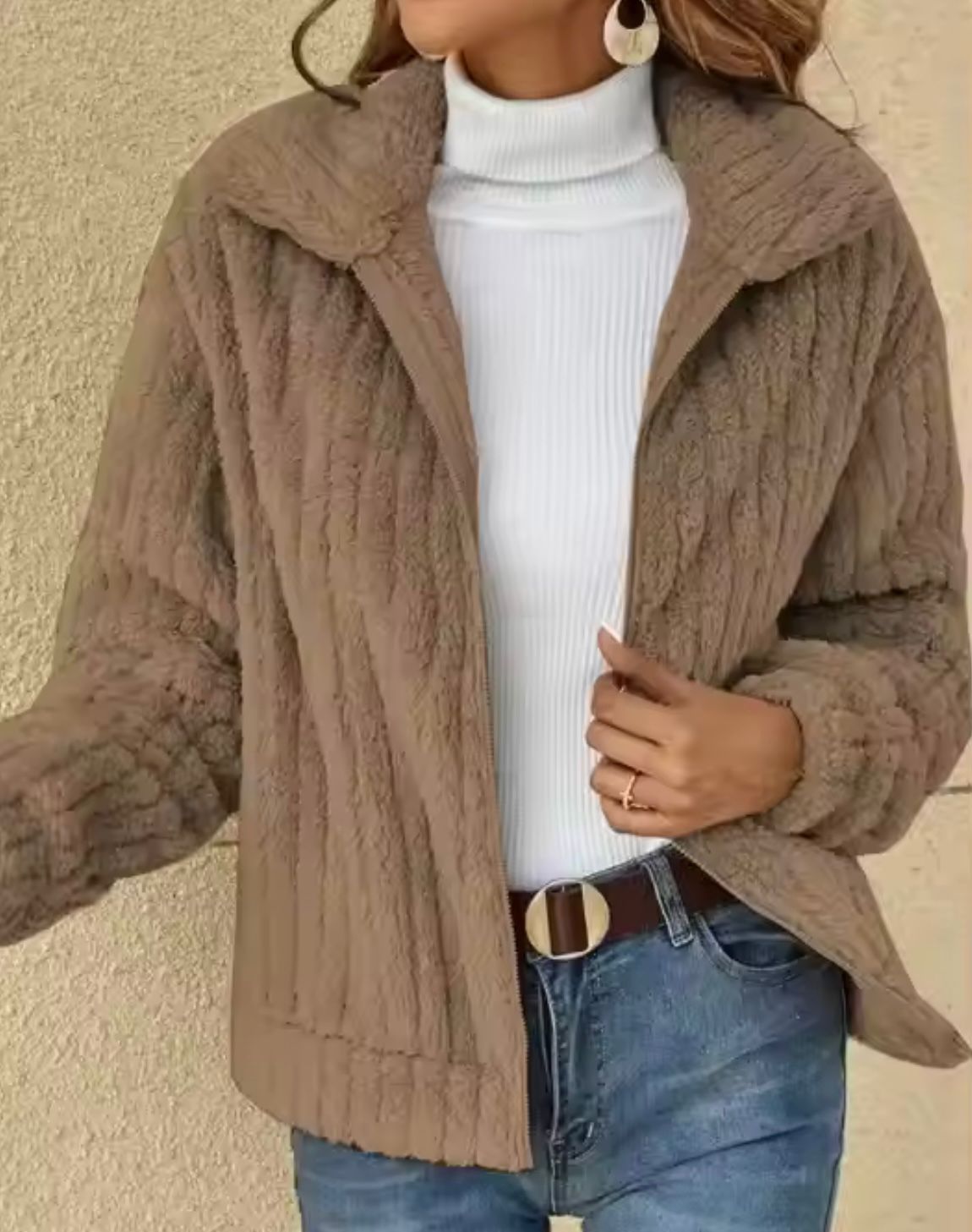 Cardigan invernale da donna con cerniera e maniche lunghe in pile a coste