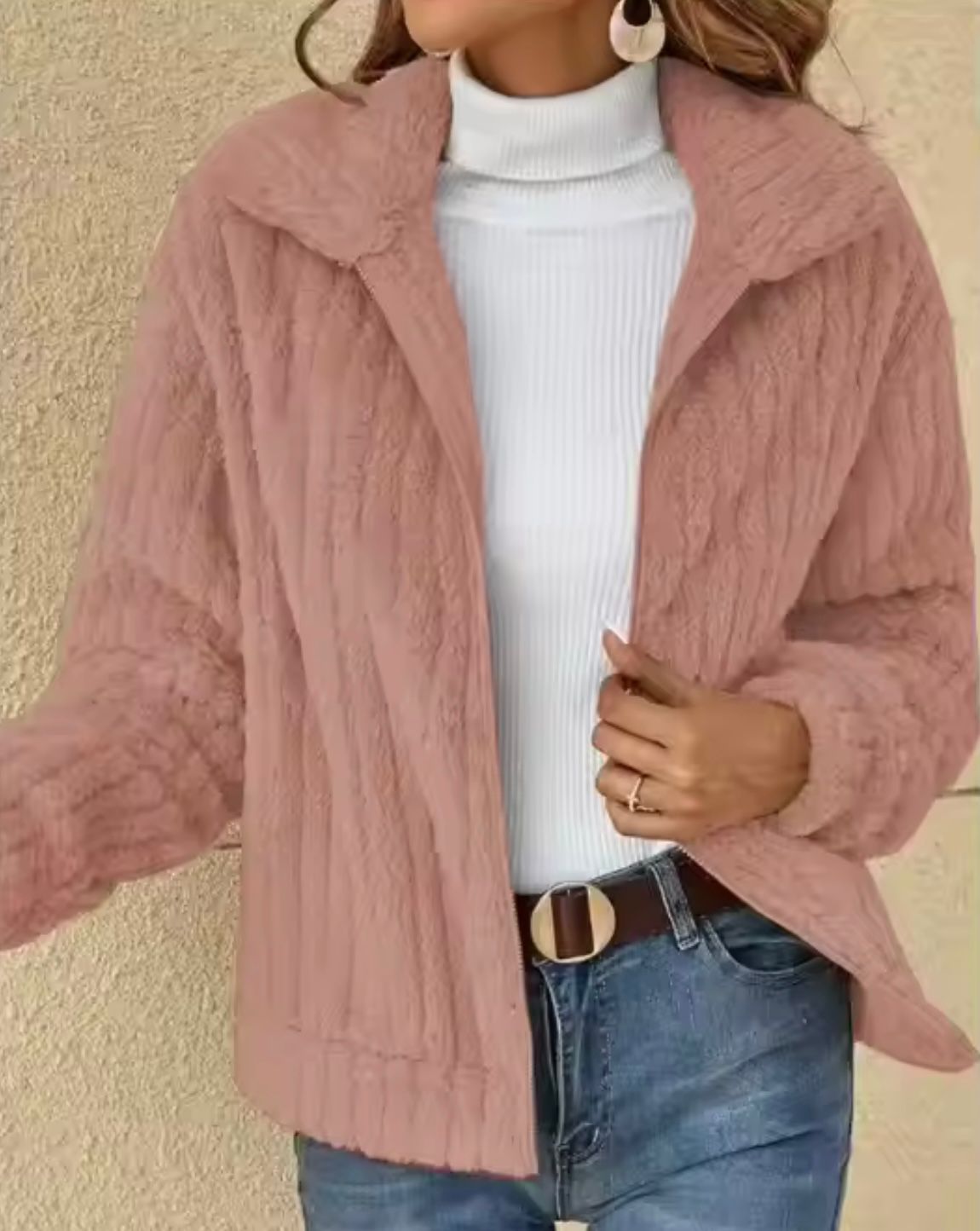 Cardigan invernale da donna con cerniera e maniche lunghe in pile a coste