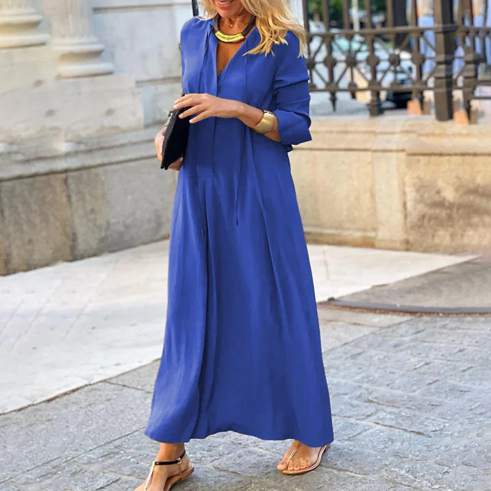 Elegante abito lungo con scollo a V per donna – Abito svasato a maniche lunghe