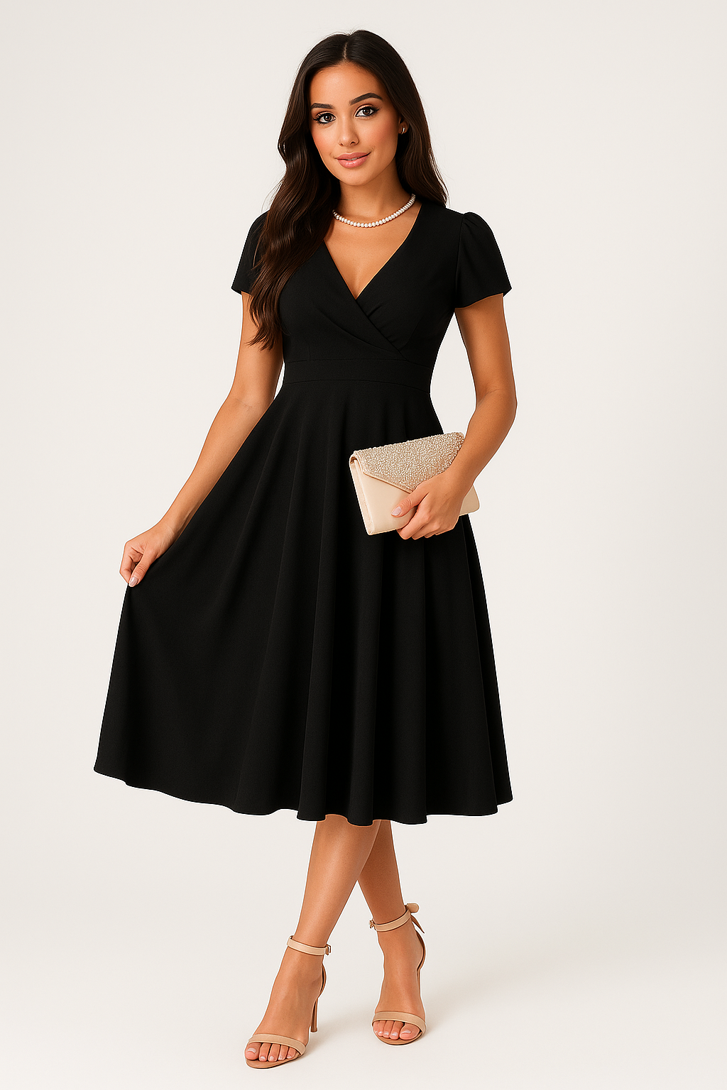 Elegant plisseret midi-kjole til kvinder – Tætsiddende kjole med V-hals og korte ærmer