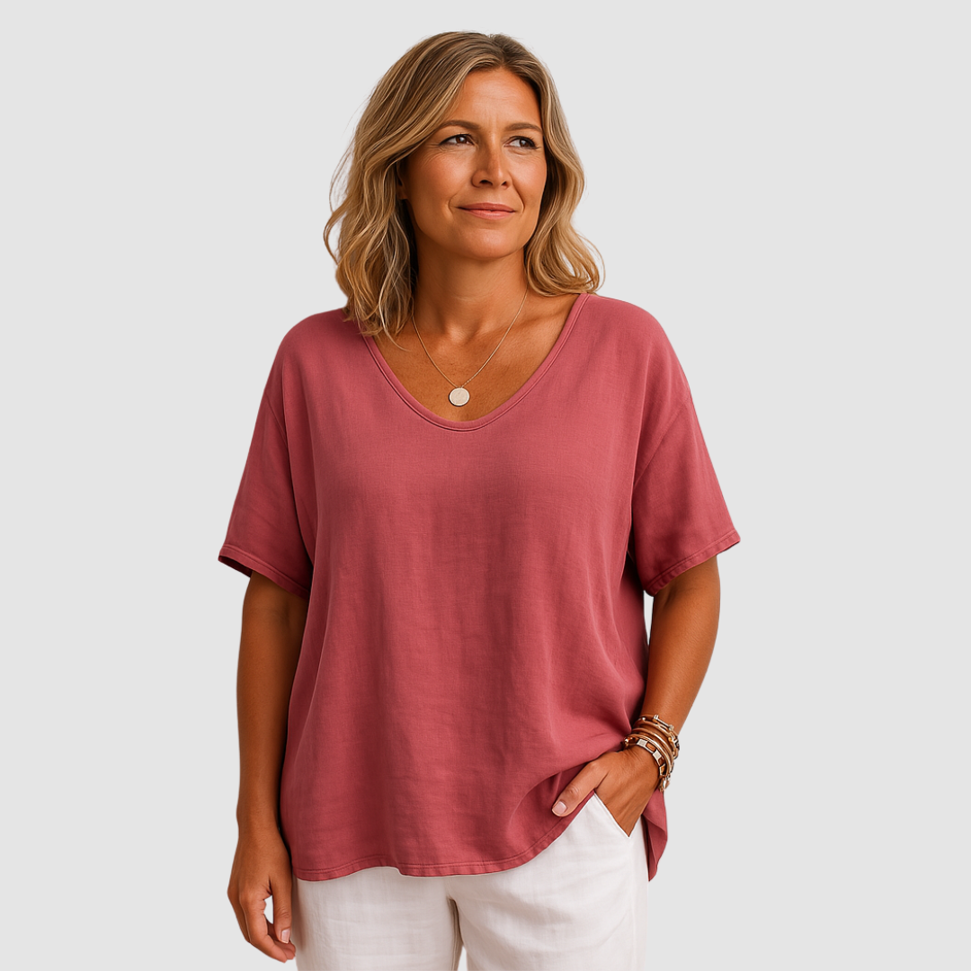 Maglietta estiva casual da donna scollo U ampia leggera comoda