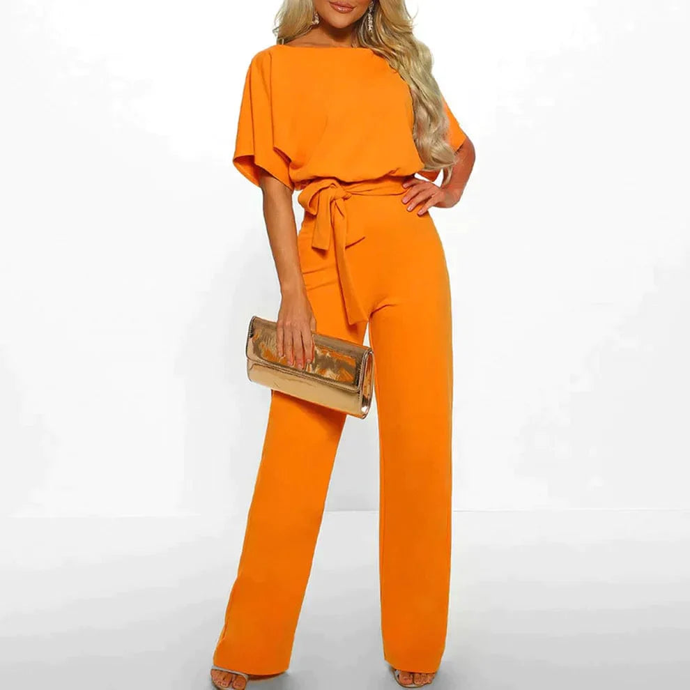Tuta elegante da donna con cintura, manica corta, gamba larga - Completo intero leggero, elegante e lusinghiero