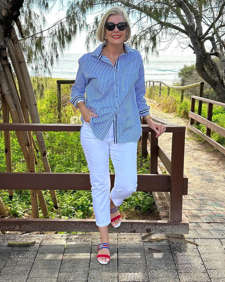 Camicia a righe leggera casual con bottoni da donna - Comoda ed elegante