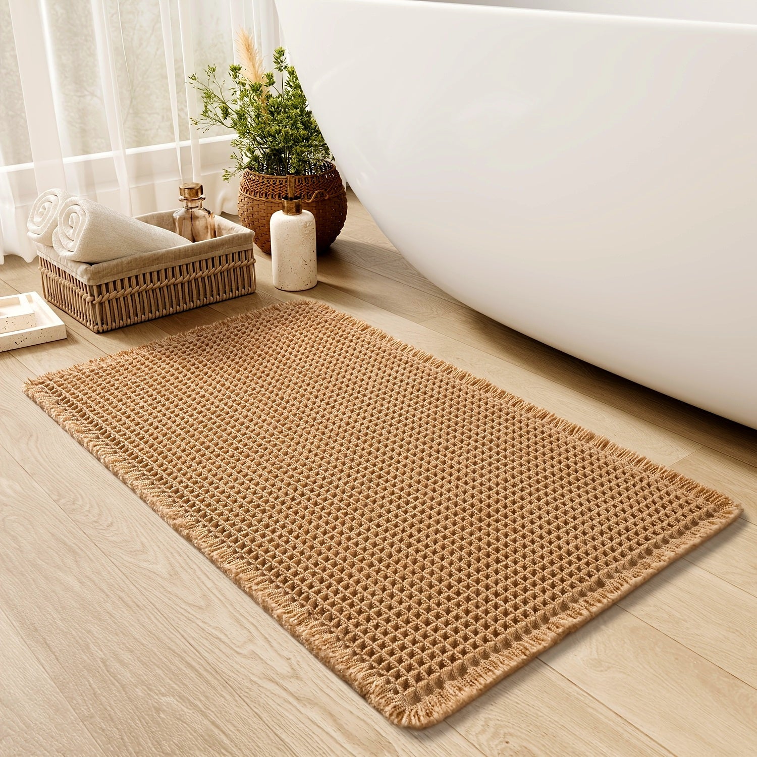 Tappetino da bagno a nido d'ape ultra assorbente - Tappetino antiscivolo con frange, asciugatura rapida e morbido per doccia, vasca da bagno e arredamento per il bagno