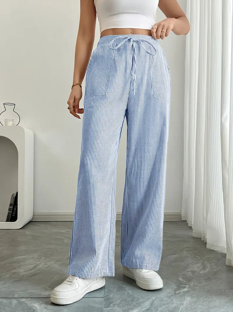 Pantaloni a gamba larga a righe casual da donna, eleganti e larghi - Pantaloni estivi leggeri e traspiranti con tasche