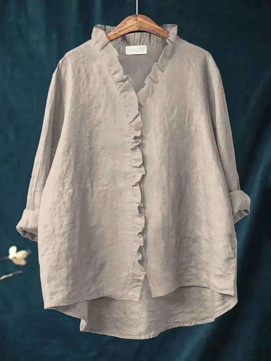 Camicia da donna in lino e cotone con volant e bottoni – Top estivo leggero