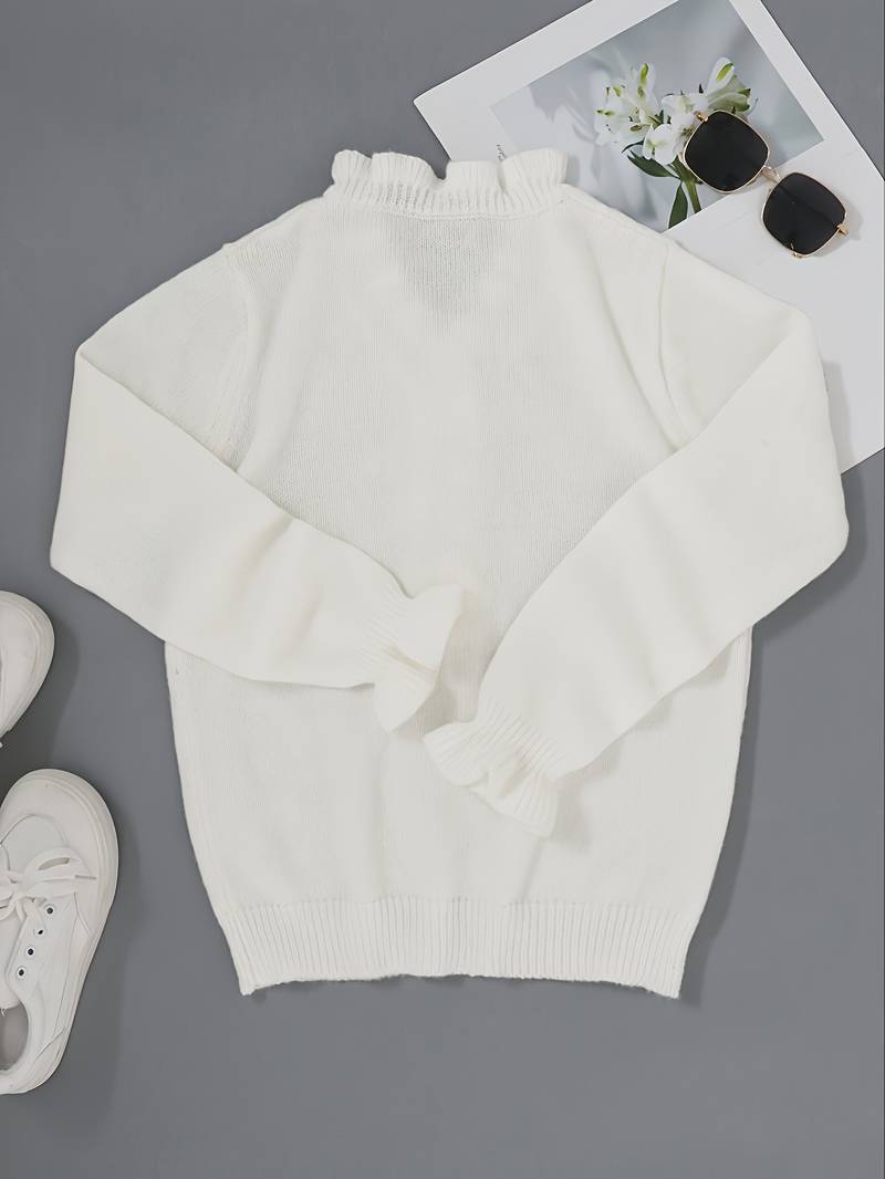Elegante maglione bianco con scollo a V da donna – Dettagli arricciati