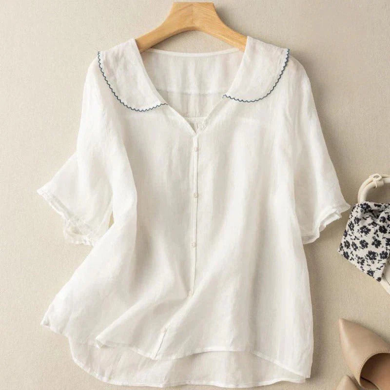 Camicetta estiva da donna casual in lino con scollo a V e maniche corte - vestibilità ampia, traspirante e leggera