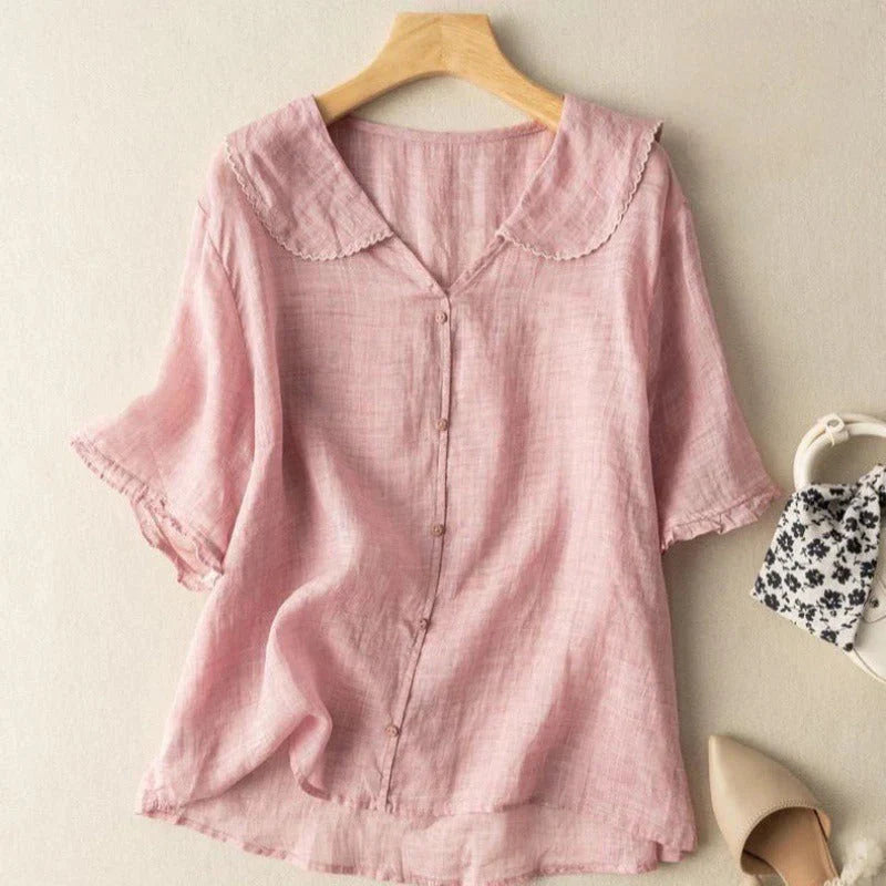 Camicetta estiva da donna casual in lino con scollo a V e maniche corte - vestibilità ampia, traspirante e leggera
