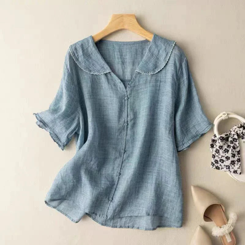 Camicetta estiva da donna casual in lino con scollo a V e maniche corte - vestibilità ampia, traspirante e leggera