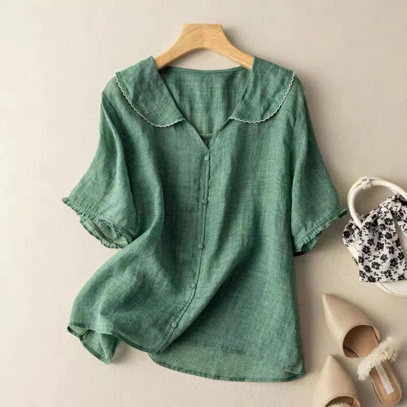 Camicetta estiva da donna casual in lino con scollo a V e maniche corte - vestibilità ampia, traspirante e leggera