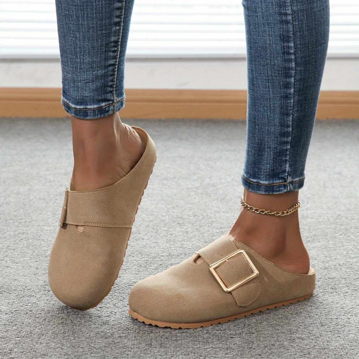 Mules slip-on da donna - Tomaia in tessuto confortevole con cinturino con fibbia in metallo, morbida soletta in PU e suola in PVC resistente - Scarpe casual per tutte le stagioni, facili da pulire, eleganti | Comfort garantito