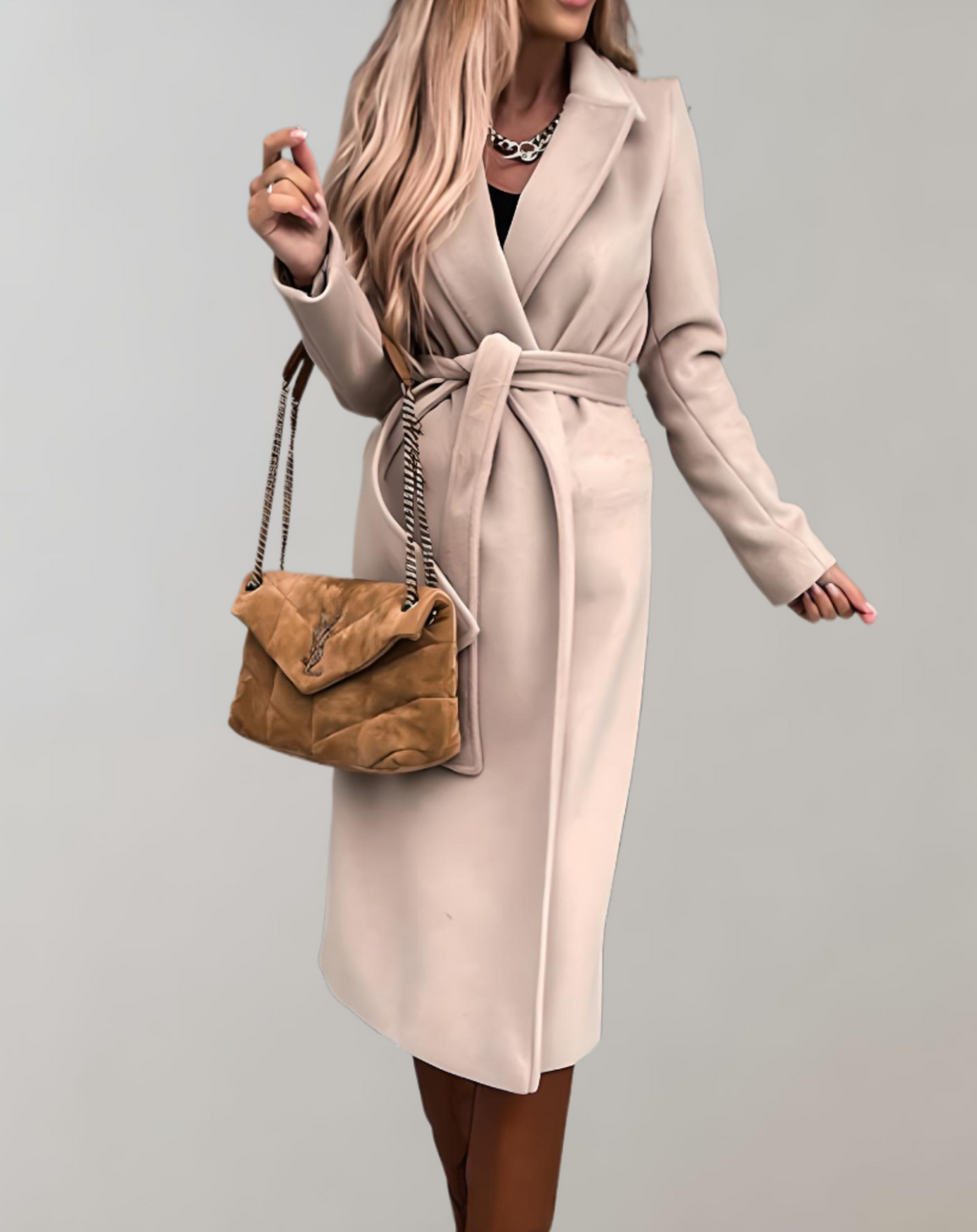 Cappotto lungo con cintura da donna - Lussuoso spesso comodo ed elegante