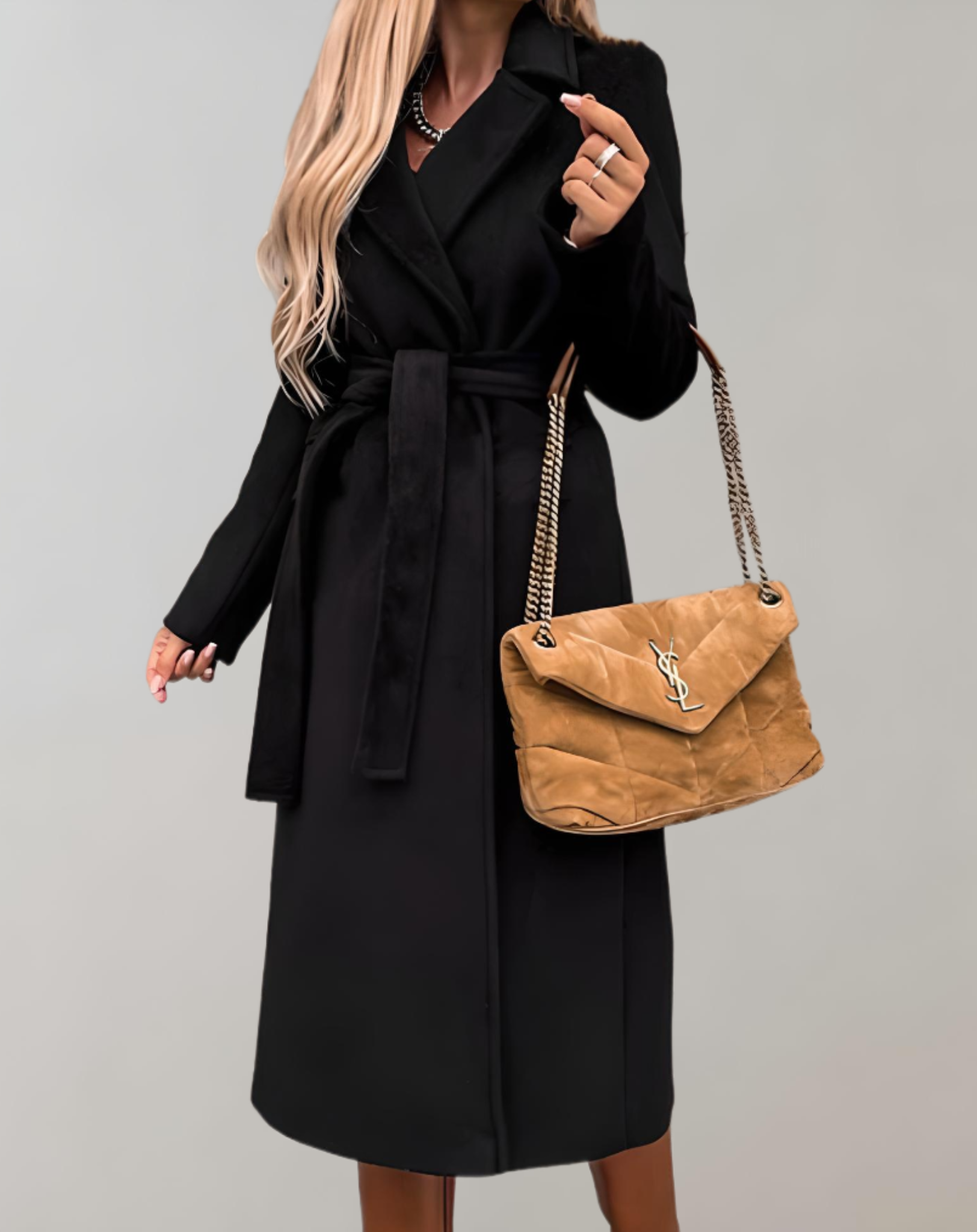 Cappotto lungo con cintura da donna - Lussuoso spesso comodo ed elegante