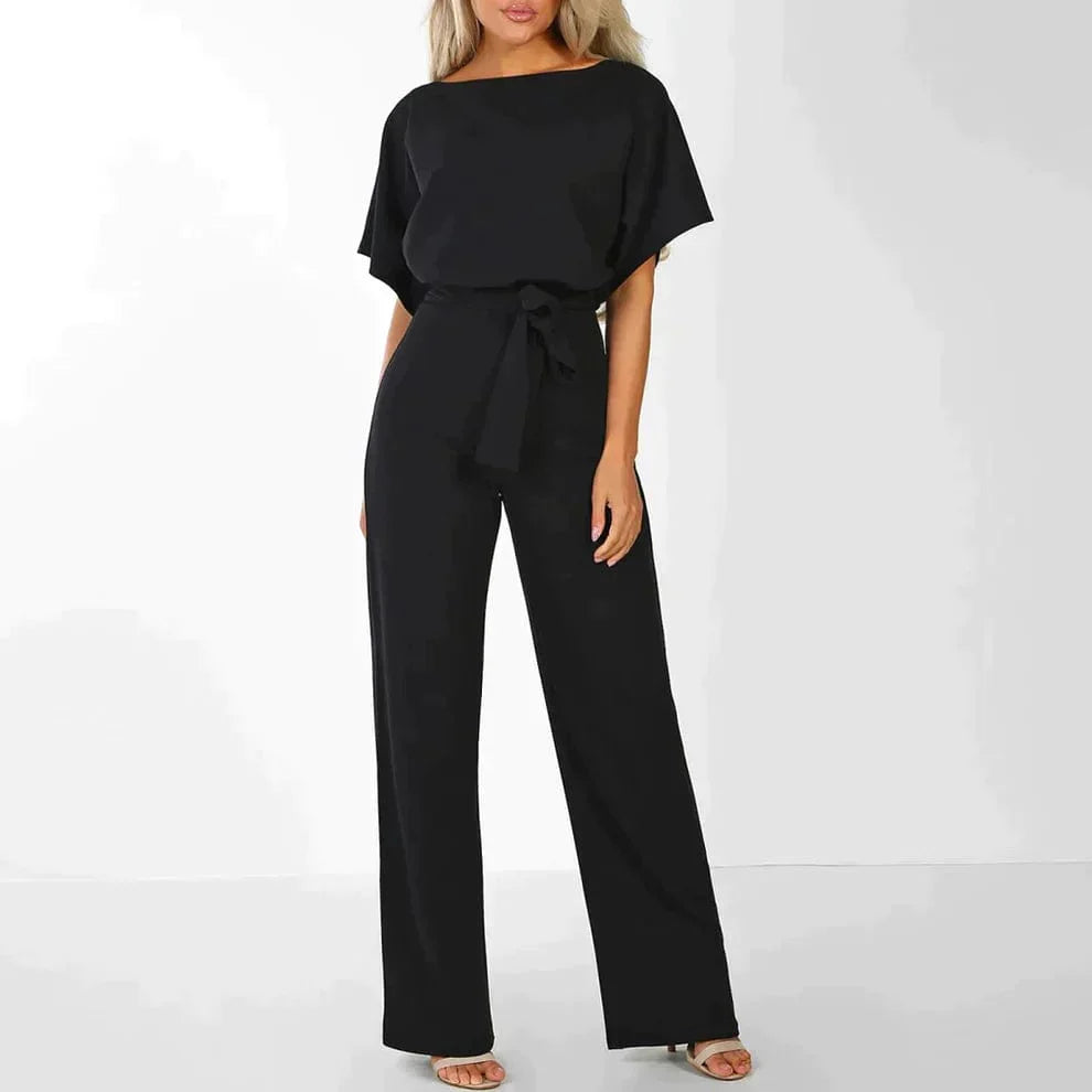 Tuta elegante da donna con cintura, manica corta, gamba larga - Completo intero leggero, elegante e lusinghiero