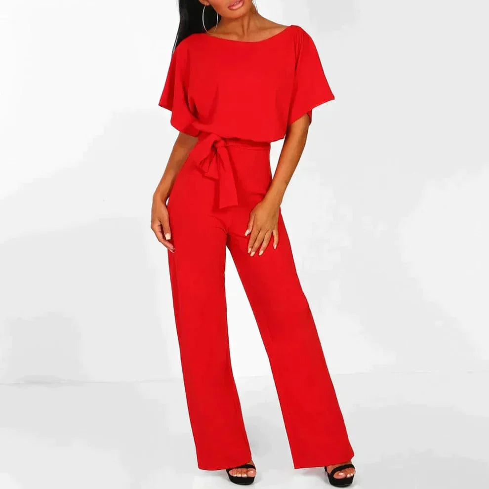Tuta elegante da donna con cintura, manica corta, gamba larga - Completo intero leggero, elegante e lusinghiero