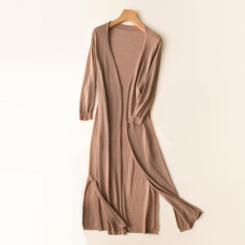 Cardigan lungo aperto leggero da donna con maniche a 3/4
