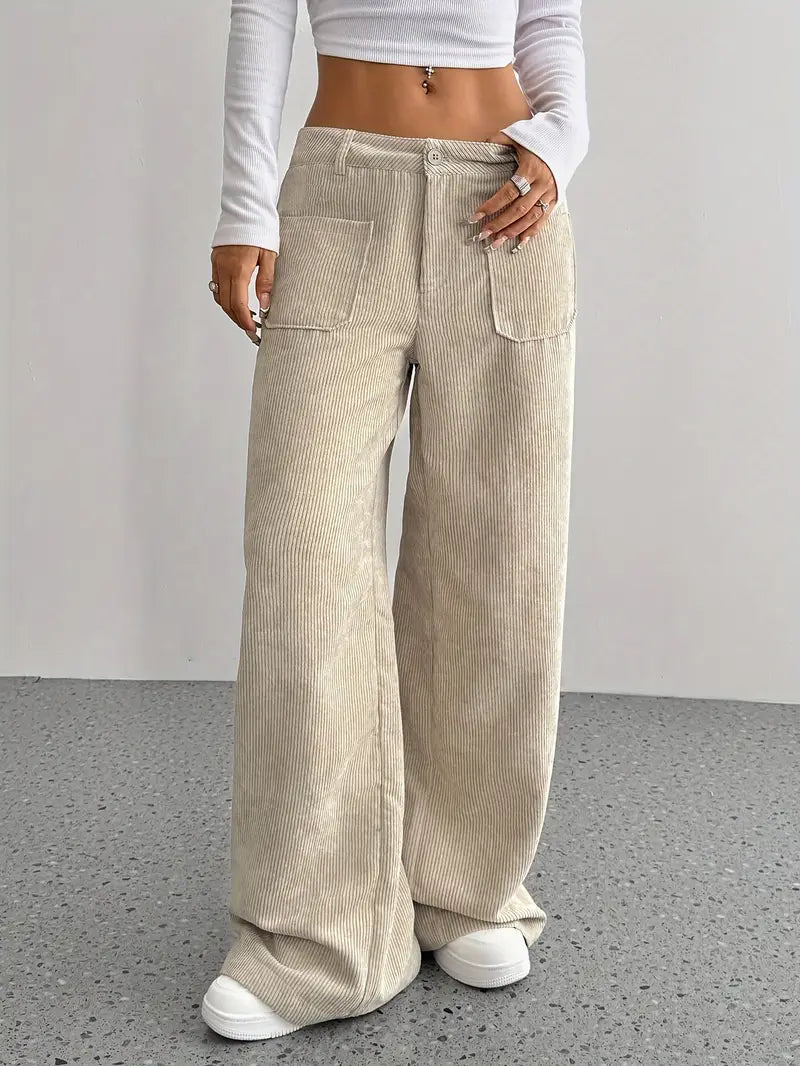 Pantaloni casual da donna a coste e vita alta | Gamba larga