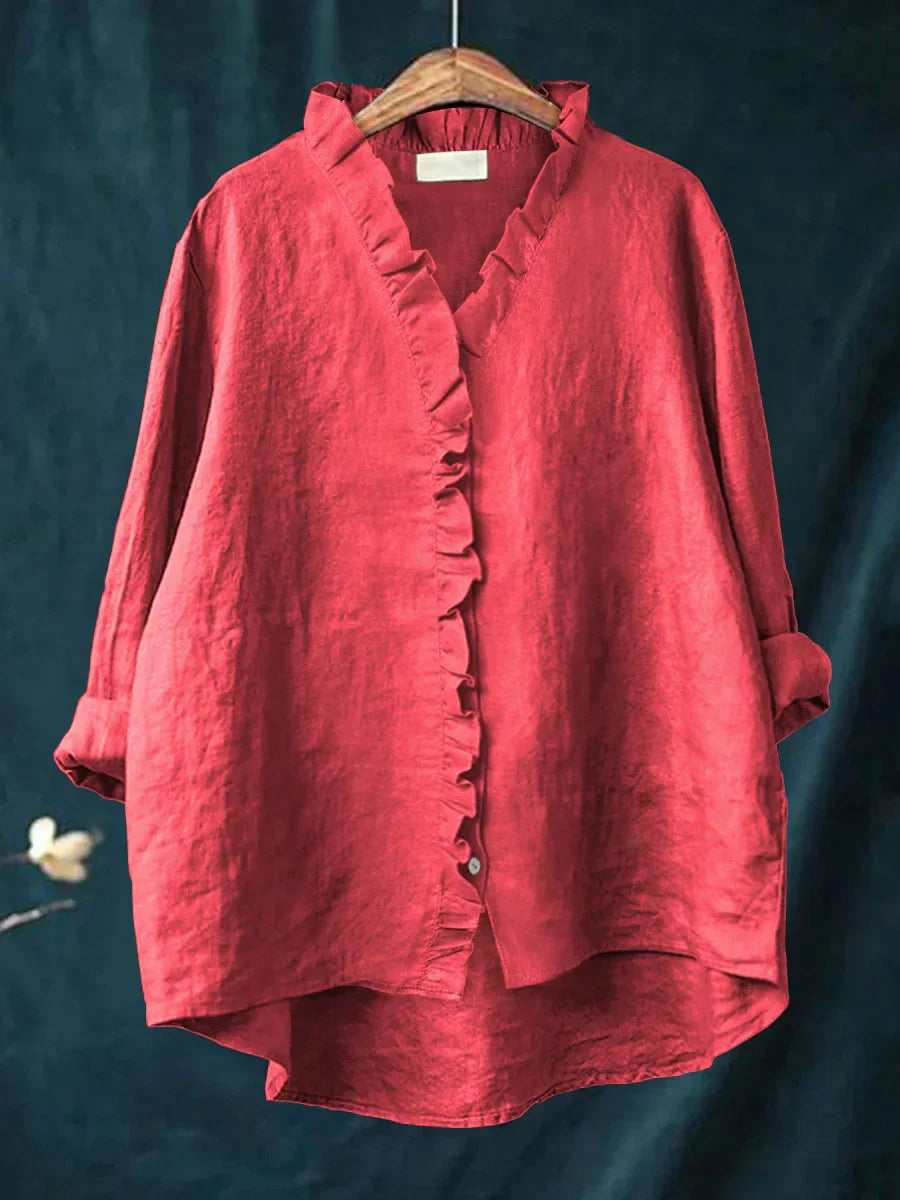Camicia da donna in lino e cotone con volant e bottoni – Top estivo leggero