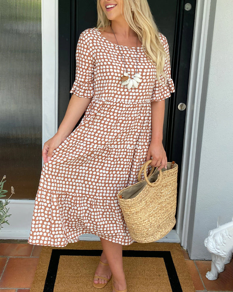 Abito midi da donna con scollo tondo e stampa a pois