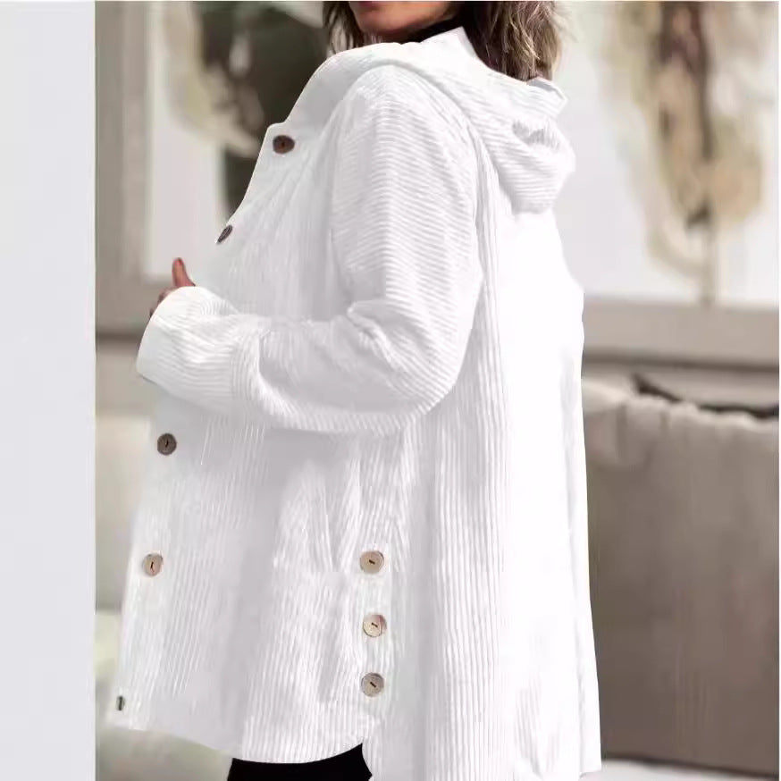 Elegant jakke med hætte i ribfløjl til kvinder – Casual knaplukket mellemlang sweater