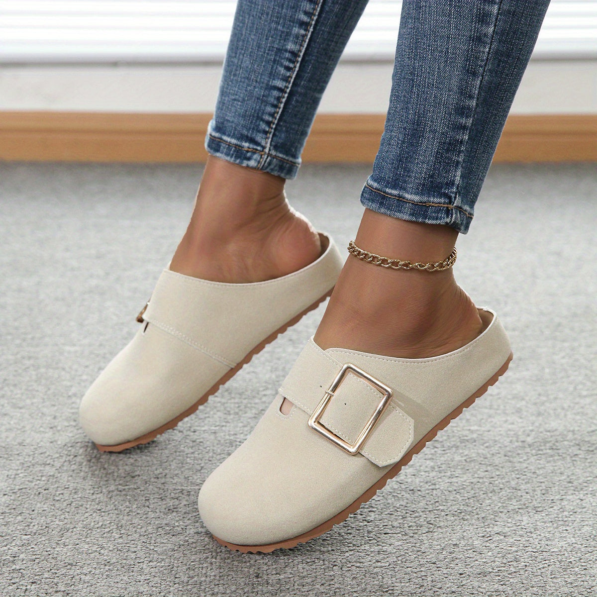Mules slip-on da donna - Tomaia in tessuto confortevole con cinturino con fibbia in metallo, morbida soletta in PU e suola in PVC resistente - Scarpe casual per tutte le stagioni, facili da pulire, eleganti | Comfort garantito