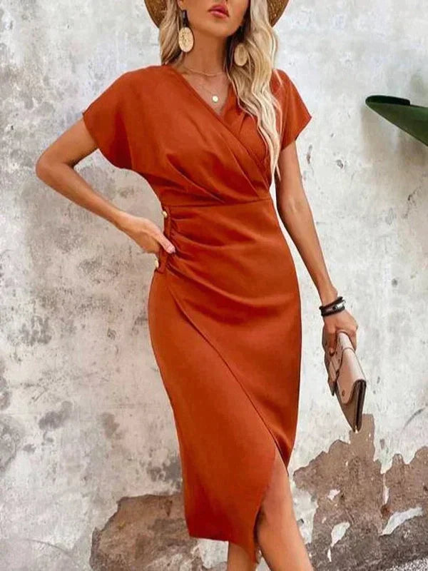 Donna Arancione Abito Elegante Midi Manica Corta Incrocio – Audace, Scolpito