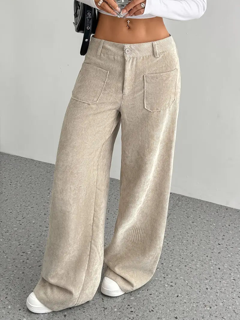Pantaloni casual da donna a coste e vita alta | Gamba larga