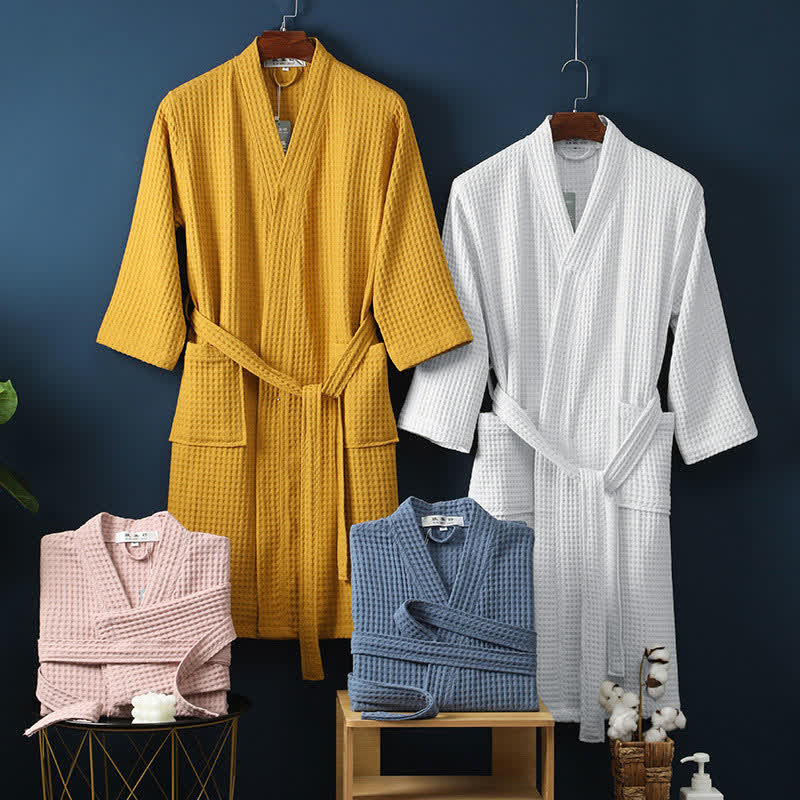 Accappatoio Unisex in Cotone a Coste con Scollo a V – Vestibilità Ampia, Tinta Unita, Assorbente, Traspirante, Confortevole con Cintura, Perfetto per Tutte le Stagioni
