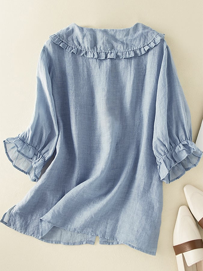 Blusa ampia in lino e cotone con colletto arricciato