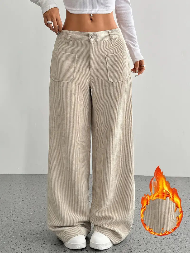Pantaloni casual da donna a coste e vita alta | Gamba larga