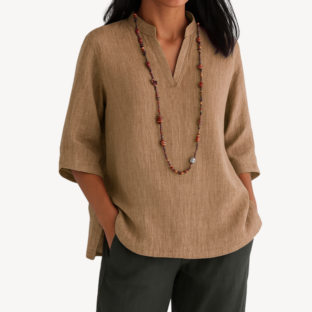 Blusa in lino da donna – camicetta estiva casual con scollo a V