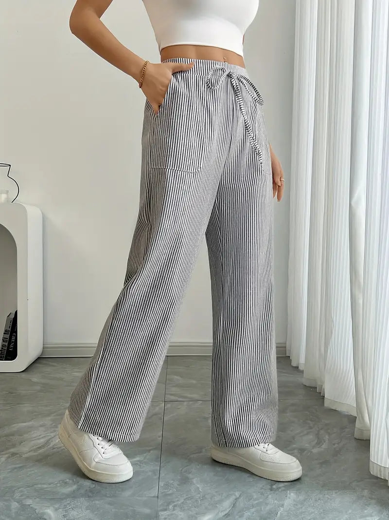 Pantaloni a gamba larga a righe casual da donna, eleganti e larghi - Pantaloni estivi leggeri e traspiranti con tasche