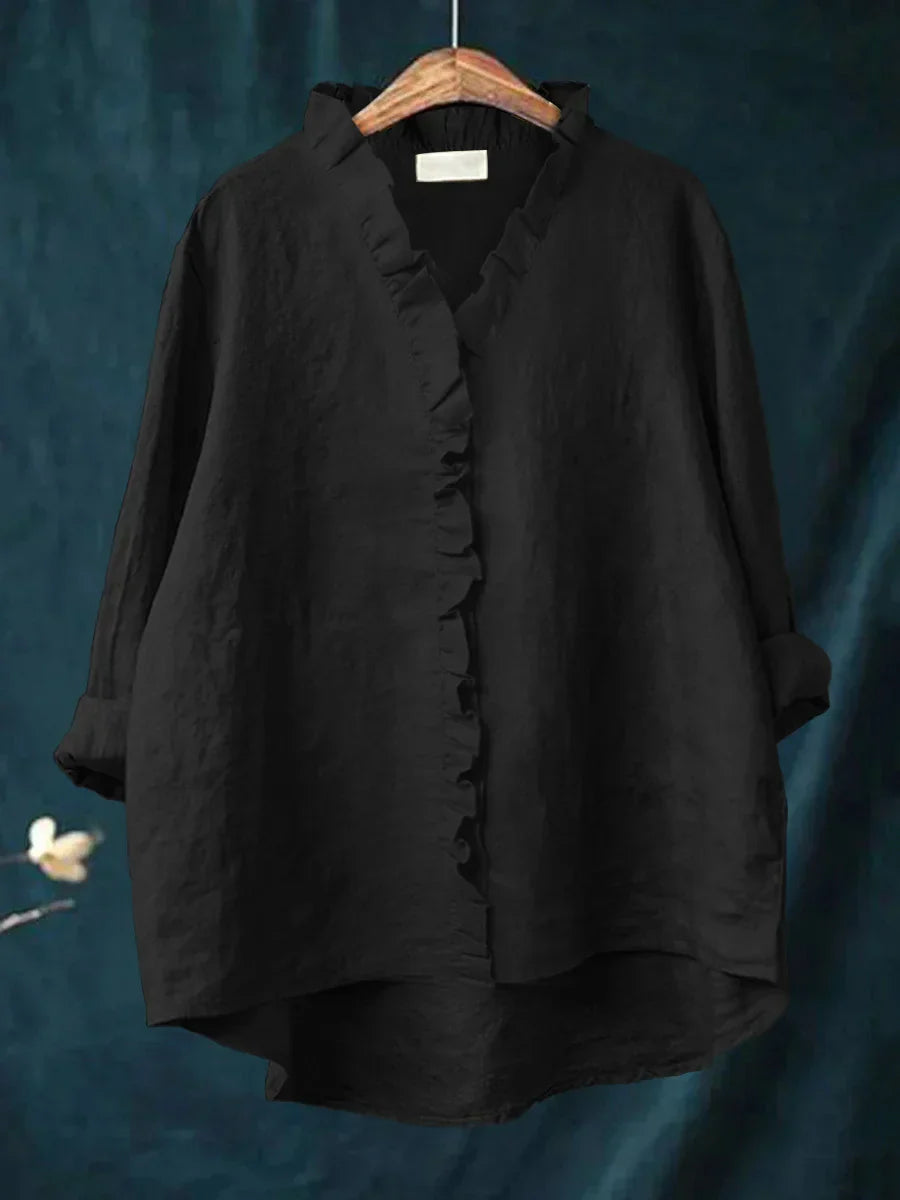 Camicia da donna in lino e cotone con volant e bottoni – Top estivo leggero